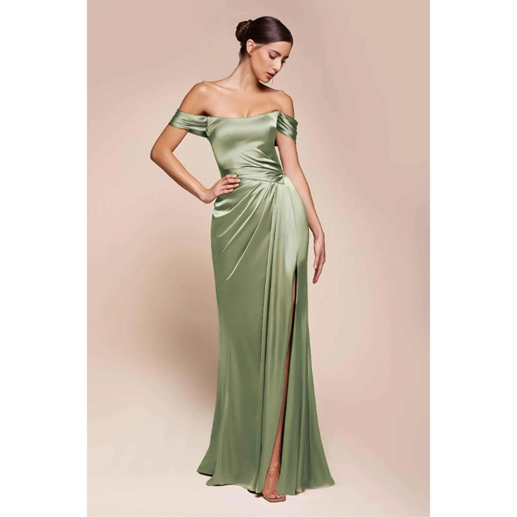 Ladivine 7452 Women's Off-the-Shoulder Satin Gown - Bridesmaid Style with a Convertible Lace-Up Corset Back and High Leg Slit, Fabric, Formal, Fitted, Elegant, Cute, Prom, Minimalist, Wrap, Matching, Chic, Sweet