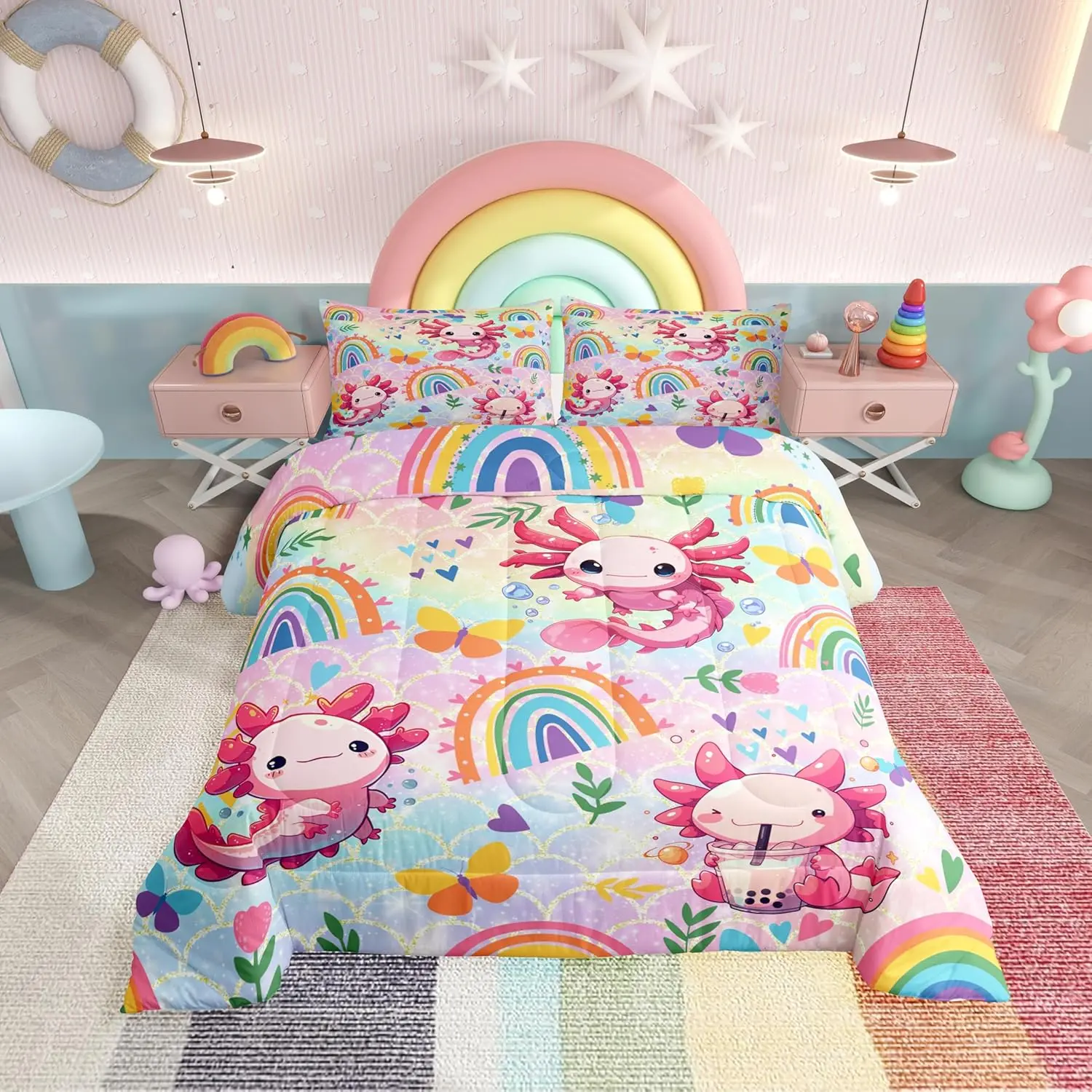 Feelyou Cute Axolotl Print Comforter Set - Breathable Soft Cartoon Pattern Blanket, Rainbow-Butterflies Ombre Quilt, Geometric Modern Bedding for Bedroom Home Decor (Multi-Size)
