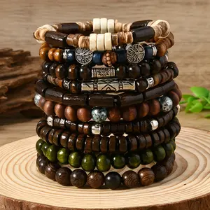 10PCs boho chic wooden bead bracelet set for men & women-vintage style couples' gift