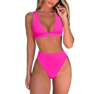 Womens High Waisted Thong Bikini Sets Sexy Brazilian Triangle Top Deep V Neck Two Piece Swimsuit Bathing Suits