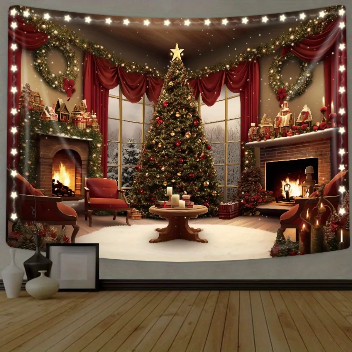 LED Polyester Tapestry Christmas Wall Hanging Decor - 57in*39in(145cm*100cm) Festive Gift for Christmas Party, Photo Studio Props, Room Decor