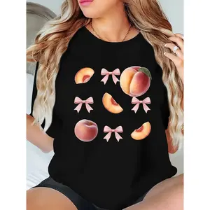 Women's Plus Size Casual T-Shirt with Peach and Bow Geometric Pattern, Crew Neck, Knit Fabric, All-Season Top - , Plus Size Blouses technoblade merch Collar Cotton shirts women brandy melville outfits