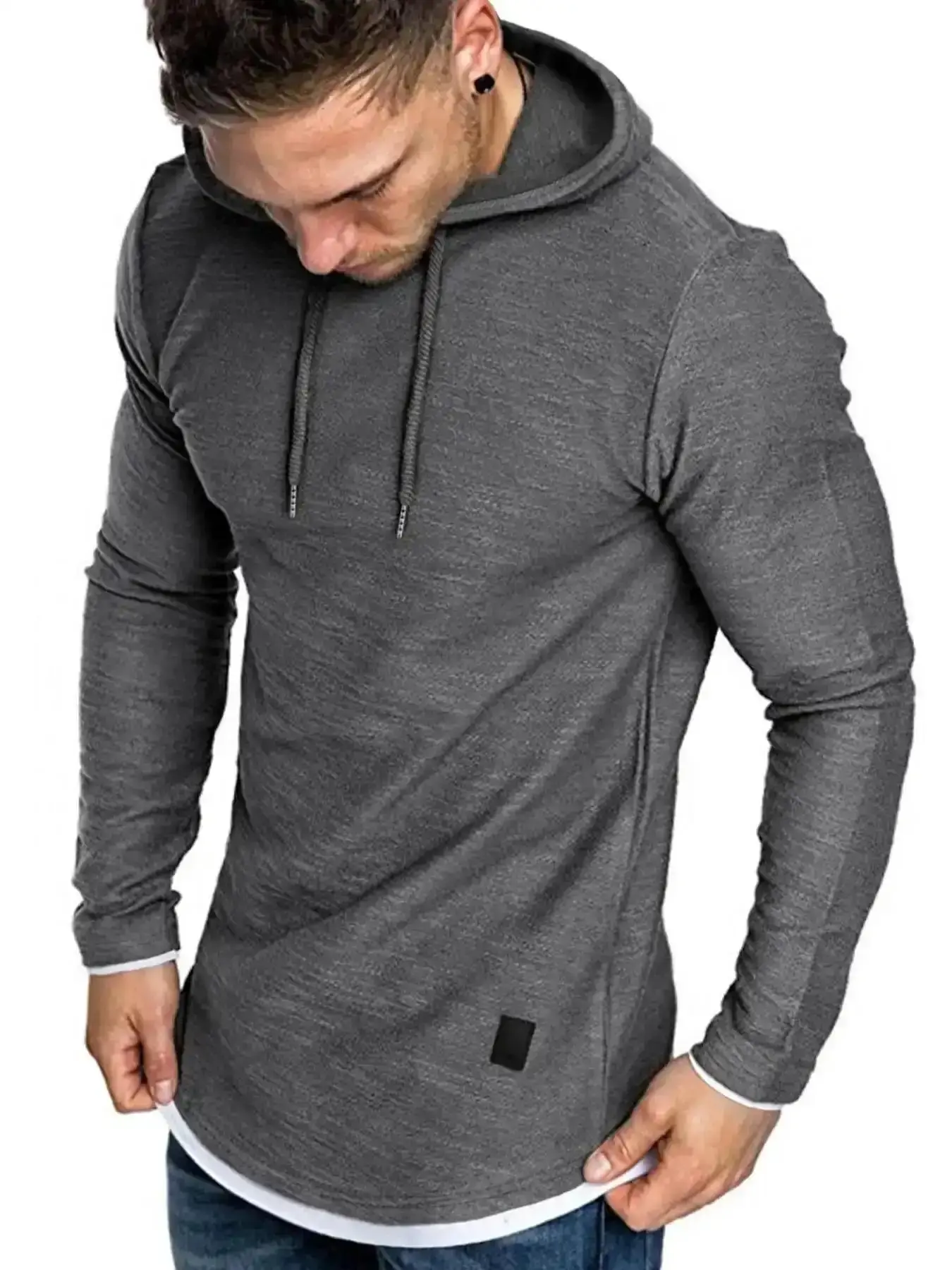 Men's Regular Fit Patched Drawstring Jersey Hoodie, Casual Fitted Long Sleeve Contrast Binding Sweatshirt for Spring & Fall, Fashion Men's Clothes for Daily Wear, Fitted Casual Outerwear, Trendy, Cozy