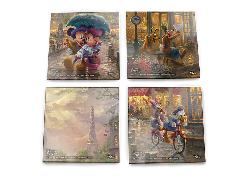 212 MAIN Fused Art Photographic Glass Coaster Set - 4 Pieces, Wooden Tableware Accessory, Trend Setters Thomas Kinkade Mickey & Minnie in Paris StarFire Prints Design, Four Pieces