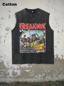 Men's Washed Cotton Vest Street Style Graphic Print Sleeveless T-Shirt, Freaknik Letter Print, Loose-Fitting Short Top, All Seasons