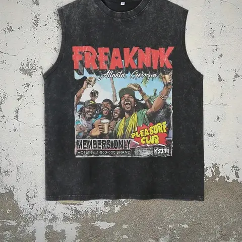 Men's Washed Cotton Vest Street Style Streetwear Graphic Print Sleeveless T-Shirt, Freaknik Letter Print Loose-Fitting Short Top, Sleeveless Loose Design, All Seasons
