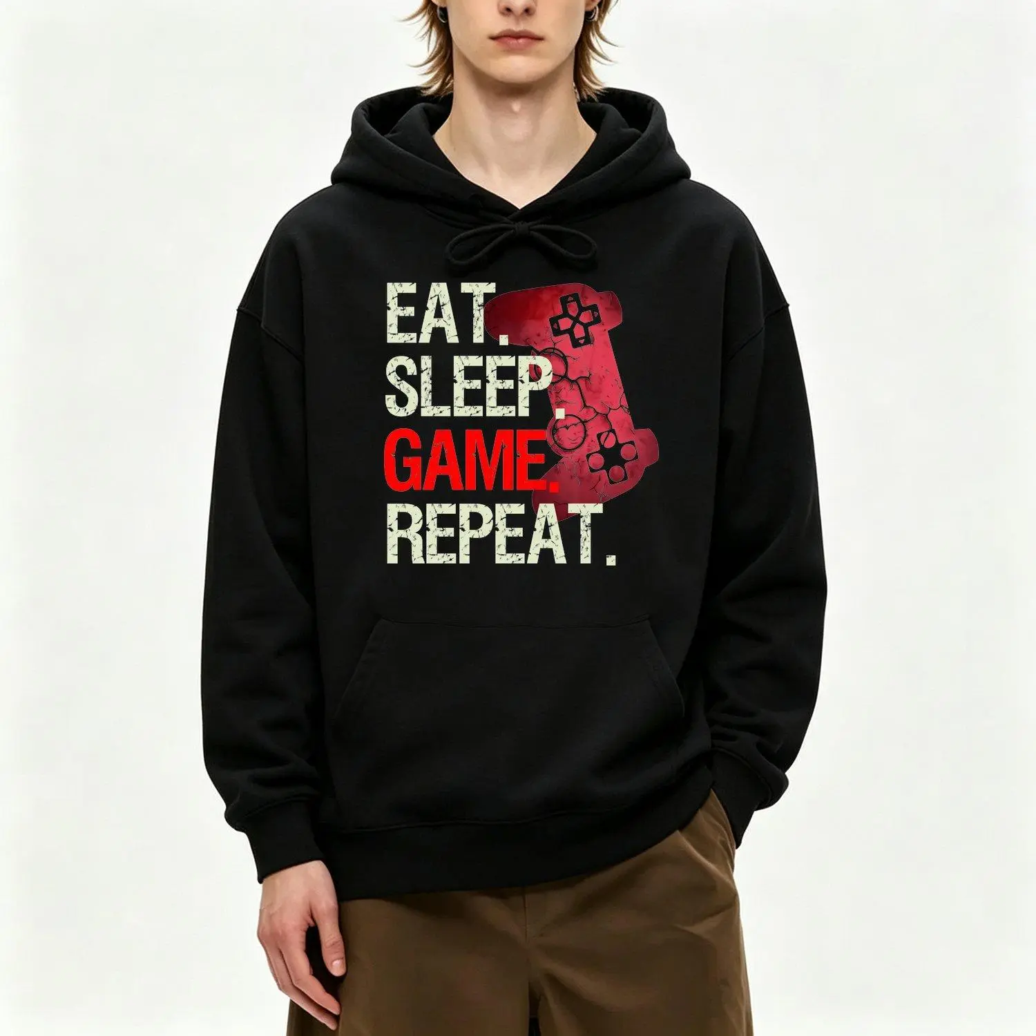 Men's Hoodie Gamer with Eat Sleep Game Repeat Gaming Controller Graphic Loose Fit Pullover Hooded Sweatshirt with Front Pocket Machine Washable Casual Apparel for Everyday Wear and Gamer Couple Matching