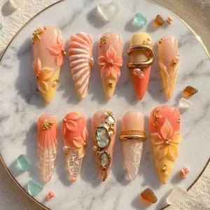 Sunset Mermaid Press On Nails | 3D Shell Flower Pearl Nails | Tropical Beachcore Aura Summer Fake Nails | Handmade Ocean Vacation Nail Set