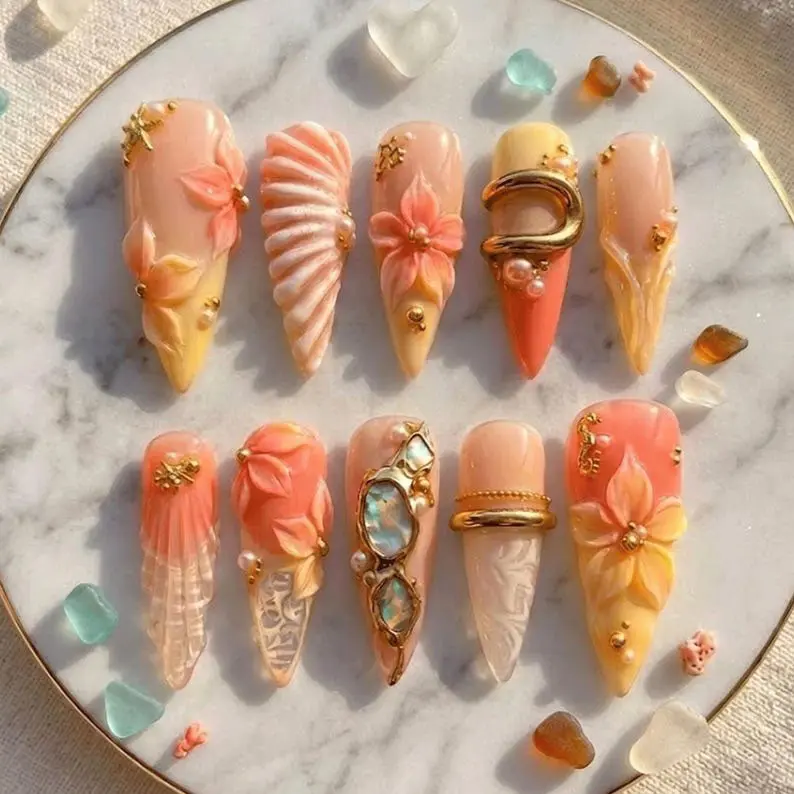 Sunset Mermaid Press On Nails | 3D Shell Flower Pearl Nails | Tropical Beachcore Aura Summer Fake Nails | Handmade Ocean Vacation Nail Set