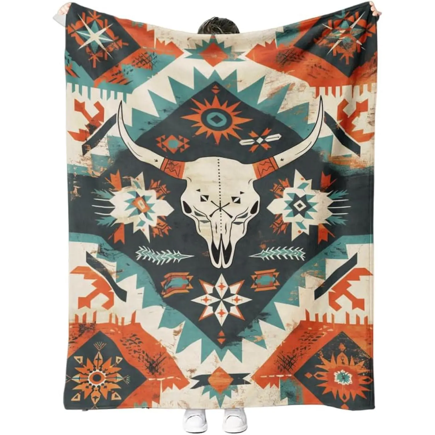 Southwestern Tribal Throw Blanket, Bull Skull Aztec Soft Flannel Blanket for Naps, Outdoor, Travel, Office, Gift