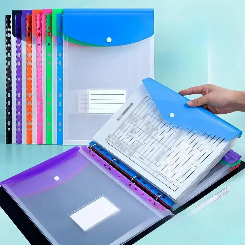 A4 File Folder, Test Paper Folder, File Storage Folder, 6 Counts/set High-capacity Expanding File Loose Leaf File Bag with 11-hole Binder Rings, Expandable Button and Label Pocket for School, Home, Office, Office Supplies, Files Organizer
