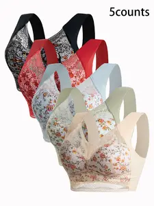 5 Pack Ditsy Floral Lace Wireless Bra, Thin No Padding Full Coverage, Comfortable Casual Design for All Seasons, Ideal Innerwear