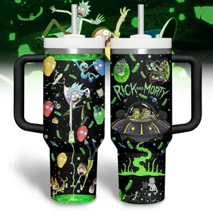 Rick and Morty 40oz Tumbler, Sci-Fi Portal Adventure Travel Mug with Black Handle, Pickle Rick Fan Gift