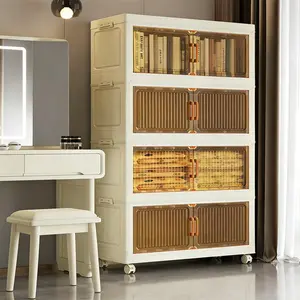 Home Multiuse Storage Cabinet Stackable Combine No Assembly Transparent Visible Door Wheel Movable Toy Book Snack Sundries Storage Box