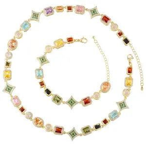 Vintage Copper Inlaid Colorful Crystal Jewelry Set, Geometric Square Necklace Bracelet Elegant Gift for Her