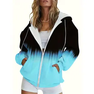 Plus Size Color Block Hoodie, Long Sleeve Women's Casual Sweatshirt with Zip Front and Drawstring Kangaroo Pocket