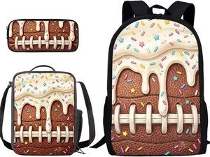 Cream Drip Colorful Candy Sprinkle Football Kids Teens 3-in-1 Backpack Set, Thick Waterproof Polyester Sweet Frosting Sport Full Print, Ergonomic Shock Absorbing Comfort Fit, School Sports Picnic Birthday Gift Boys Girls Carry Bag Bundle