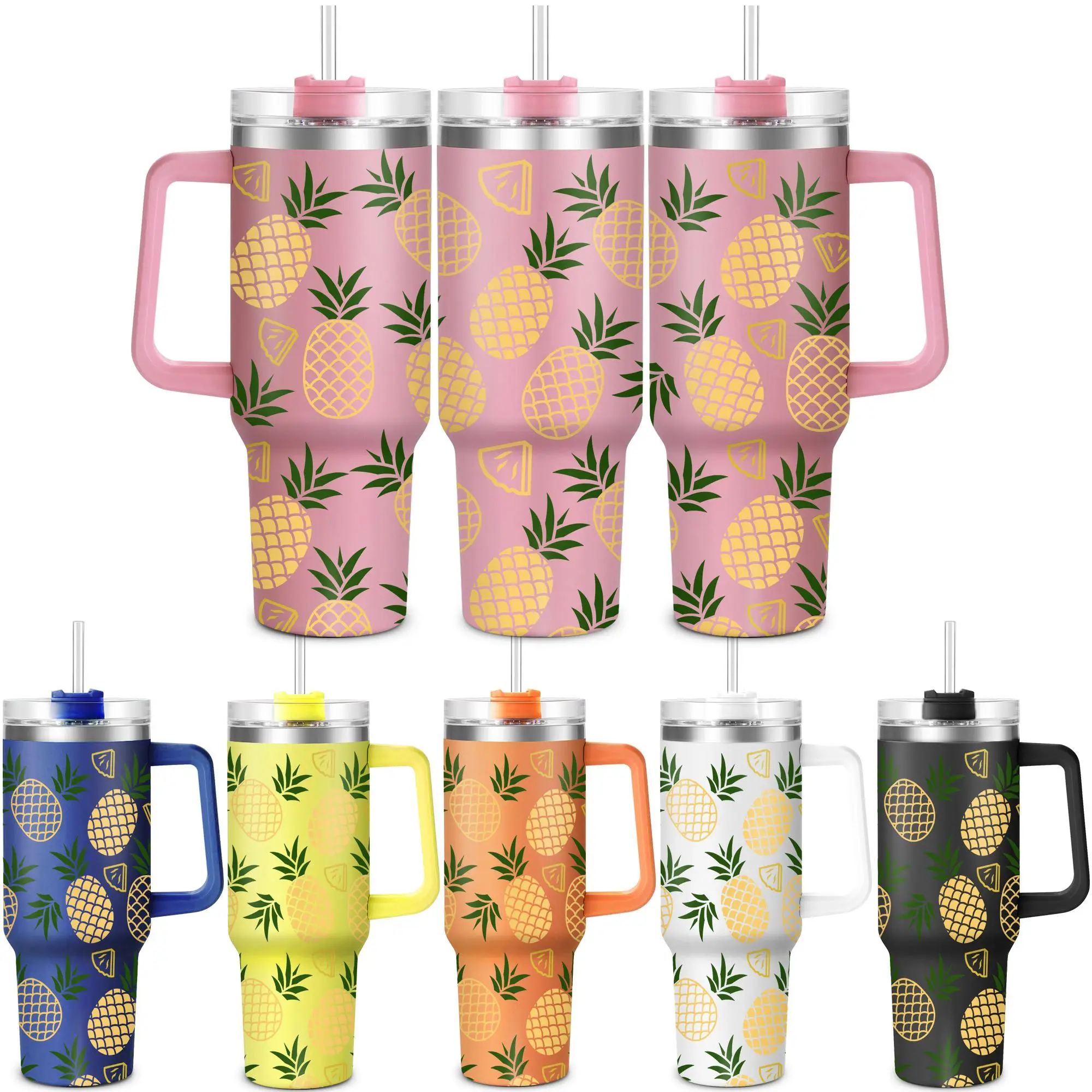 Pineapple Pattern Tumbler with Lid, 1 Count 40oz Stainless Steel Water Bottle, Drinking Cup for Home Office School Outdoor Camping, Drinkware