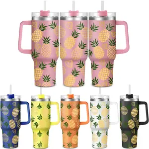Pineapple Pattern Tumbler with Lid, 1 Count 40oz Stainless Steel Water Bottle, Drinking Cup for Home Office School Outdoor Camping, Drinkware