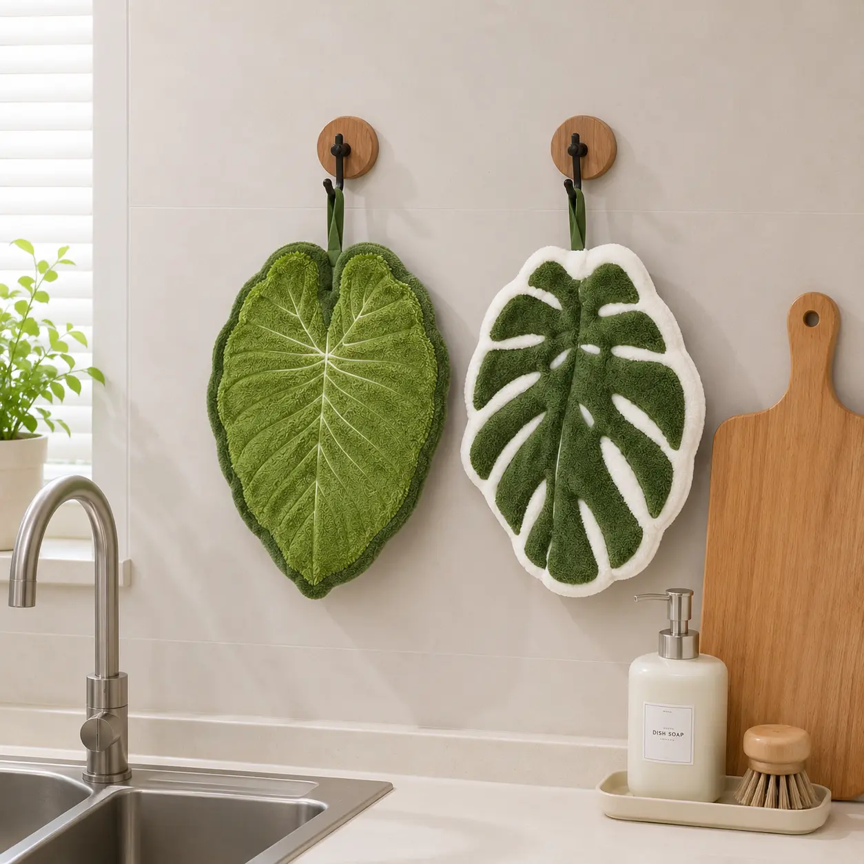 2pcs (White+Green) Tropical Plant Leaf-Shaped Decorative Fleece Absorbent Hand Towels - Hangable Microfiber Towels for Bathroom, Kitchen