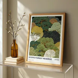Kyoto Forest Reserve Vintage Art Print – Japanese Landscape Poster, Japandi Nature Wall Decor for Living Room or Office