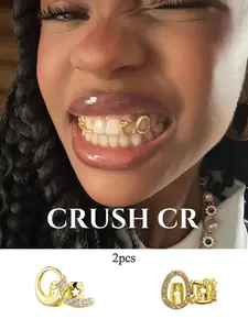 CRUSH CR 18K Gold Plated Moon Star Grillz Set for Men Women, 2-Pack Removable Teeth Caps with CZ Stones, Tarnish Resistant, Perfect for Hip Hop, Raves, Halloween Cosplay and Streetwear Styling