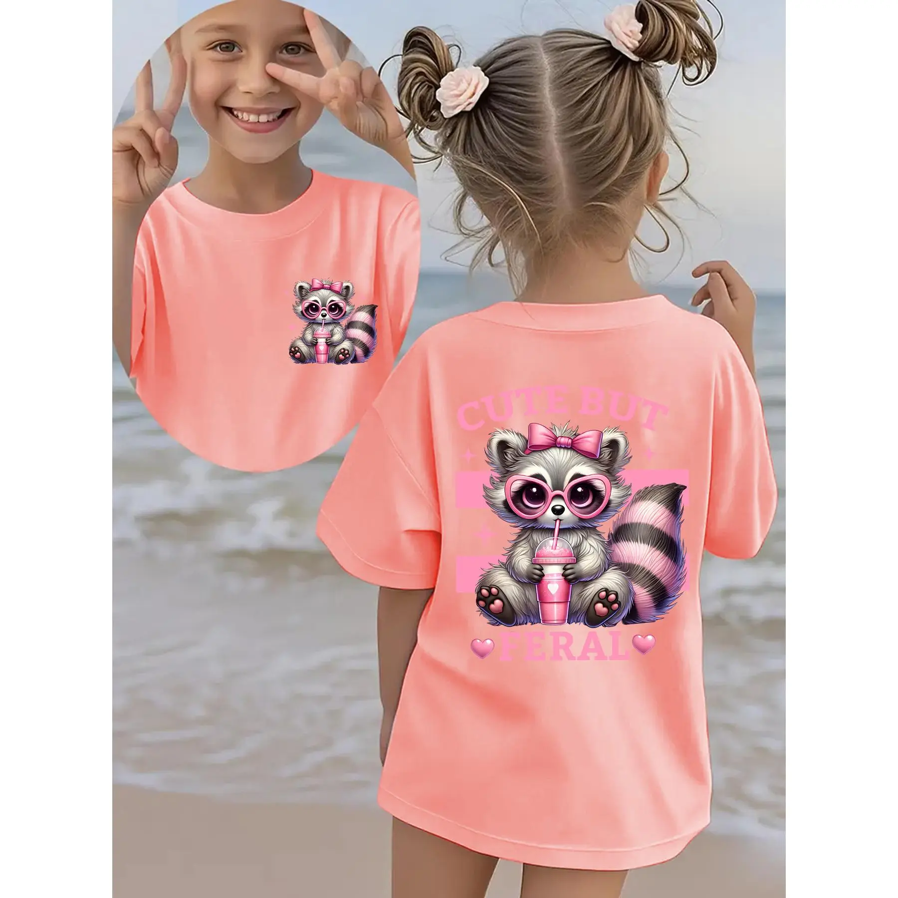 Girls' Cotton Minimalist Graphic T-Shirt - Short Sleeve Round Neck Summer Top with Cute Feral Raccoon, "Cute but Feral" Lettering and Boba Tea Drinking Applique, Casual Playwear NY-DX7404