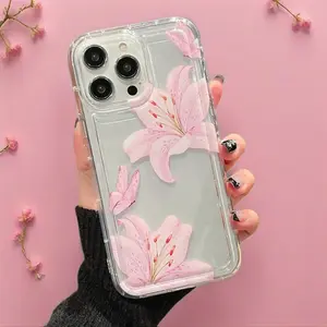 Ins Pink Lily Pattern Transparent Phone Case, Suitable for iPhone 11 12 13 14 15 16 17Pro Max Plus  XS X XSMax Shockproof Soft Cover,holiday gifts, birthdays, girlfriends, boyfriends, friends or yourself