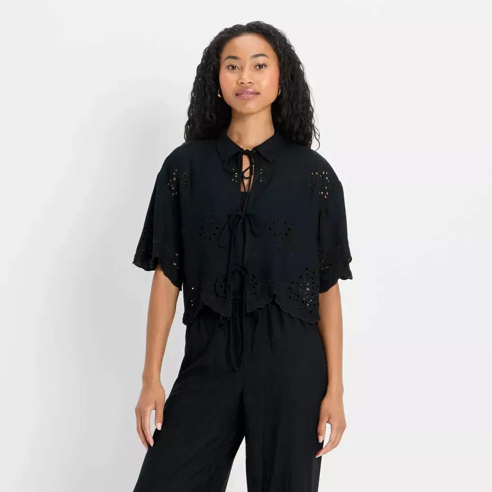 Women's Short Sleeve Embroidery Eyelet Tie-Front Blouse - Basic Fit, Premium Fabric, Future Collective, Skirts, Garment