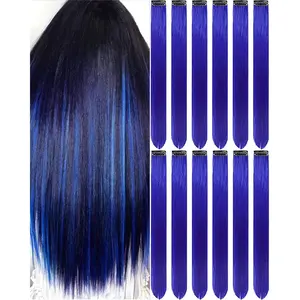 12 count Blue Hair Extensions Clip in, 22 Inch Colored Hair Extensions Party Highlights Long Straight Synthetic Hairpieces for Women  Girls
