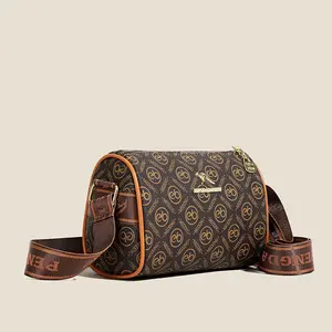Classic Logo Print Cylinder Crossbody Bag, Vintage Monogram Barrel Purse with Contrast Trim