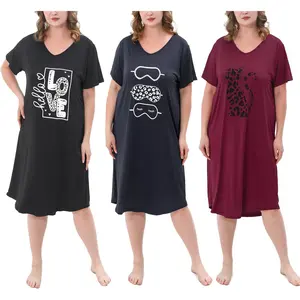 3 Pack Plus Size Women's Nightgown Soft Print Nightshirts for Women Short Sleeve Sleepwear Summer V-Neck Knee Length Comfortable Material Breathable Clothes Loungewear Womenswear Casual Solid Style Gamis