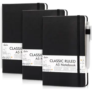 3 Pack Notebooks Journals Bulk with 3 Black Pens, A5 Hardcover Notebook Classic Ruled Lined Journal Set with Pen Holder for Work Business Journaling Note Taking, 120 GSM, 5.1”x8.3”, Black