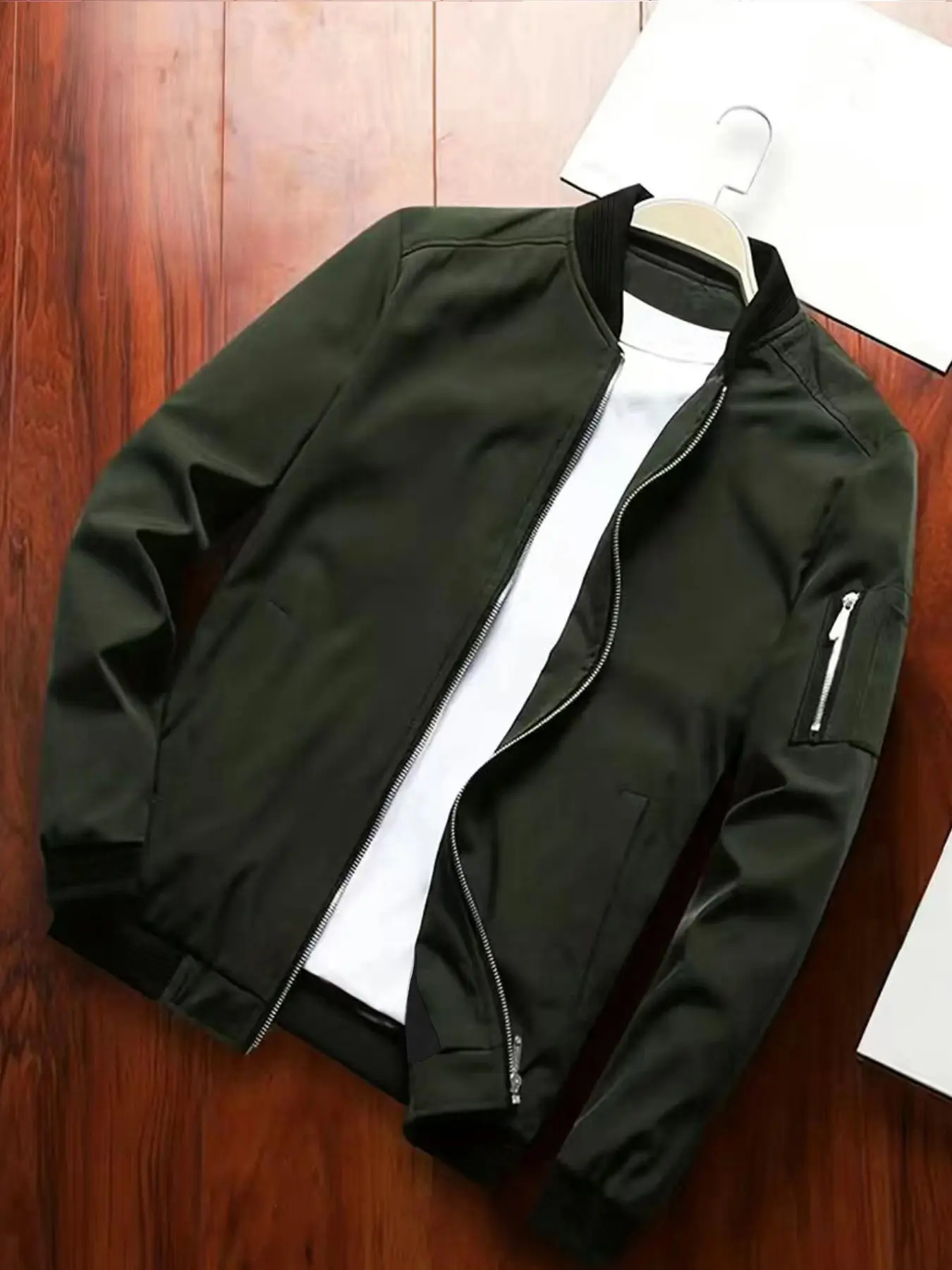 Men's Casual Long Sleeve Jacket, Casual Fitted Jacket, Work Office Jacket, Windproof Bomber Style for Spring & Fall, Daily Wear Zipper Design Outerwear, Casual Bomber Jackets, Army Green
