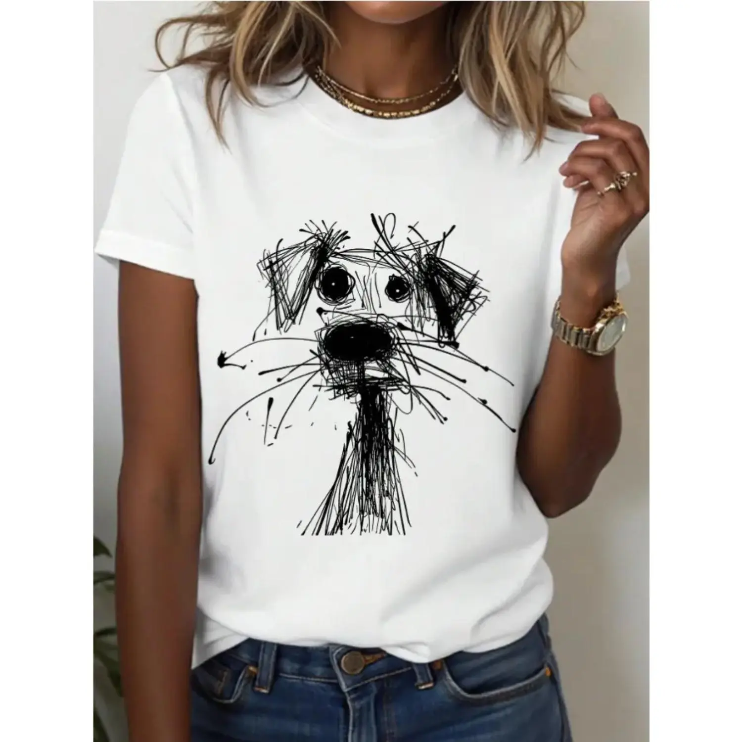 Women S Casual Round Neck Puppy Doodle Print Short Sleeve Oversize Cotton T Shirt Versatile Made in USA