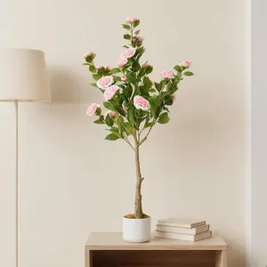 Lifelike Artificial Camellia Tree for Home Decor – 2.5FT & 4FT Pink Faux Plant in White Planter – Realistic Greenery for Indoor Outdoor Office Porch Wedding – Low Maintenance Gift