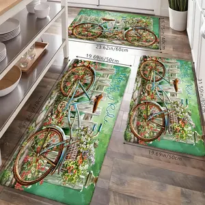 Vintage Bicycle Flower Kitchen Rug Set, Life is a Beautiful Ride Non-Slip Washable Floor Mats, Cottagecore Garden Runner Rugs for Kitchen, Living Room & Home Decor