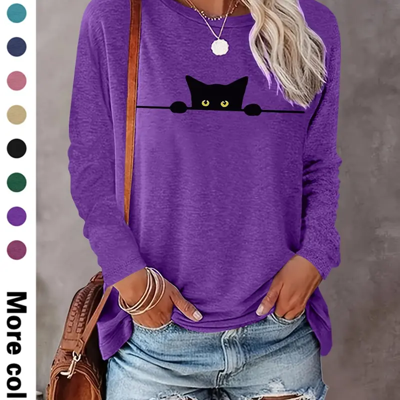 Women's Cat Print Round Neck Tee, Casual Long Sleeve Crew Neck T-shirt for Fall & Winter, Women's Top for Daily Wear