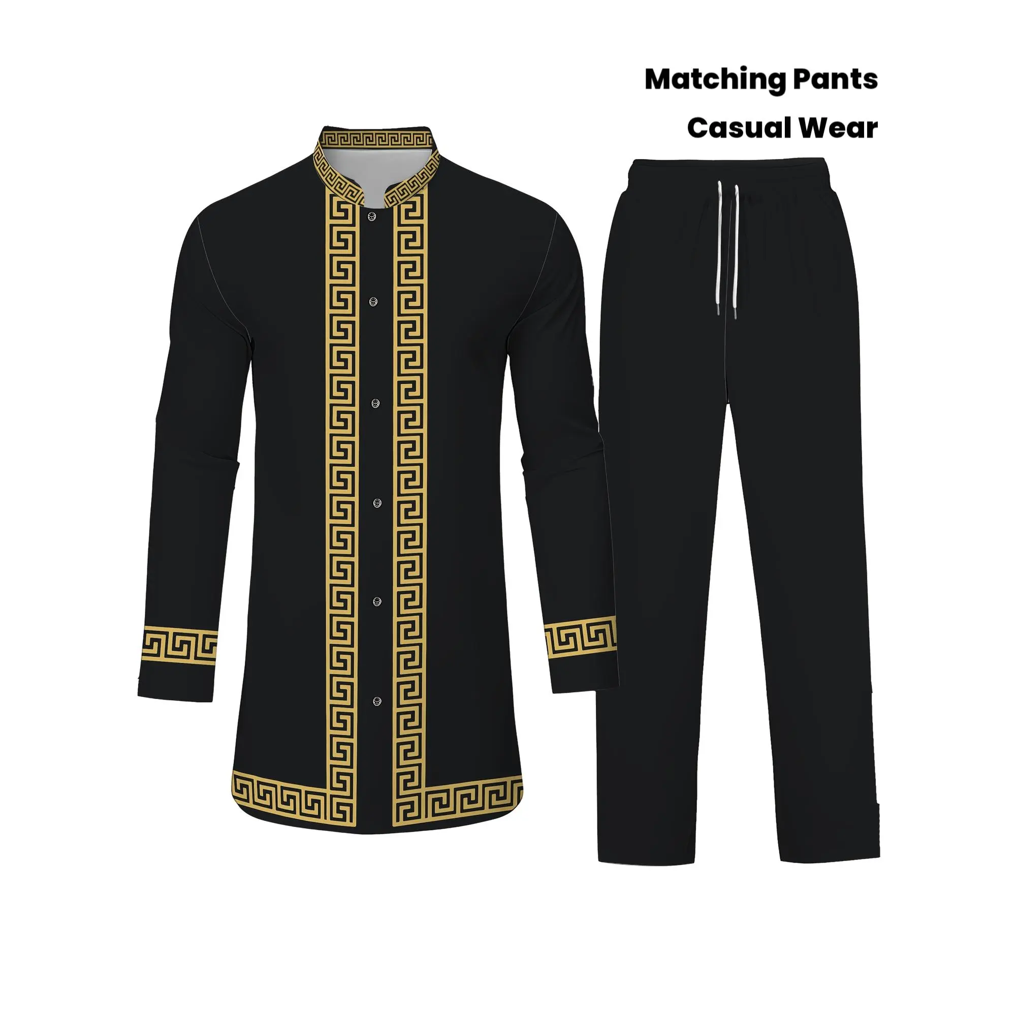 Men's 2-Piece Ethnic Thobe Set - Woven Polyester Fabric Long Sleeve African Print Shirt, Trouser with Pocket, Modest Islamic Robes for Hajj, Umrah