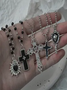 5-Piece Gothic Punk Cross Necklace Set, Skull Pendant Necklaces, Unisex Beaded Jewelry, Perfect Gift for Friends, Party & Holiday Accessories