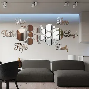 32pcs Inspirational 3D Acrylic Mirror Wall Stickers - "Faith, Hope, Love, Laugh, Family" in Elegant Cursive with Glitter Accents - Shatterproof & Removable Self-Adhesive Decor for Living Room, Bedroom, Office, Classroom, Motivational Decor|