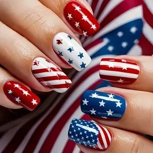 48pcs Medium Square Patriotic Nail Stickers - Red White & Blue Star Stripes Design, Detachable Glossy Finish Nail Art for 4th of July, Parties, Daily Wear - Affordable Gift for Women, Party Accessories