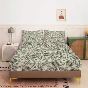 3-Piece Set Money Wealth Dollar Bed Sheet Set (1*Fitted Sheet + 2*Pillowcases, No Core), Holiday Theme, Luxurious Bedding Set, Soft and Breathable, Modern Bedroom, Hotel Style