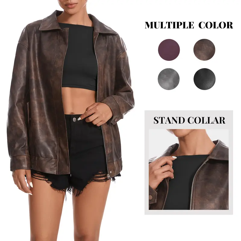 Casly Lamiit Women's Faux Leather Motorcycle Jacket, Oversized Long Sleeve Biker Coat with Zip-Up Front, Classic Collar and Pockets, Trendy Streetwear Outerwear for Fall Outfits, Halloween Looks, Jeans and Everyday Wear Fashion Womenswear,sohochic
