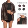 Casly Lamiit Women's Faux Leather Motorcycle Jacket, Oversized Long Sleeve Biker Coat with Zip-Up Front, Classic Collar and Pockets, Trendy Streetwear Outerwear for Fall Outfits, Halloween Looks, Jeans and Everyday Wear Fashion Womenswear