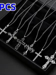 This is a combination of 6 silver chain necklaces with a retro mixed style and multiple cross pendants, creating a personalized men's pendant necklace. It is a versatile chain with a hip-hop style in Europe and America, suitable for wearing on various fes