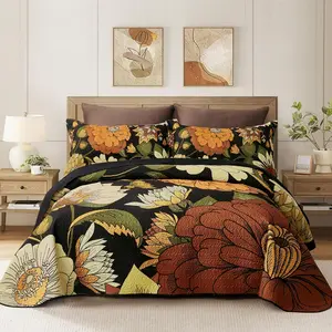 3 count Black Boho Floral Full/ Quilt Sets Reversible Farmhouse Botanical Lightweight Bedspread Coverlet with 2 Shams Mid Century Microfiber Bedding Quilts Set for  Season,90''x96''