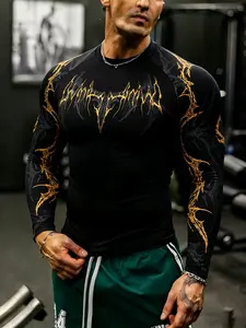 Men's Gothic Thorn Print Slim Fit Long Sleeve T-Shirt, Fitness Sport Top, High Elasticity Quick-Dry Breathable Fabric, Ideal for Fitness and Daily Wear