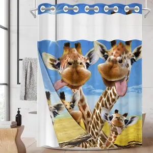 1PC/4PCS 2D Flat Printing Yellow and Blue Giraffe Group Portrait Patterned shower curtain, home bathroom decor, shower curtain set with 12 hooks, non-slip bathroom rug, U-shaped toilet seat cover, toilet seat mat.