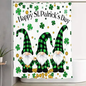 1/4pcs St Patrick's Day Bathroom Set - 3-Piece Shower Curtain Sets, Bath Mat & Toilet Seat Cover with Green Checkered Gnomes Holding Gold Coins & Shamrocks, Happy St Patrick's Day Decor for Festive Irish Themed Bathroom, Bathroom Decoration Accessories